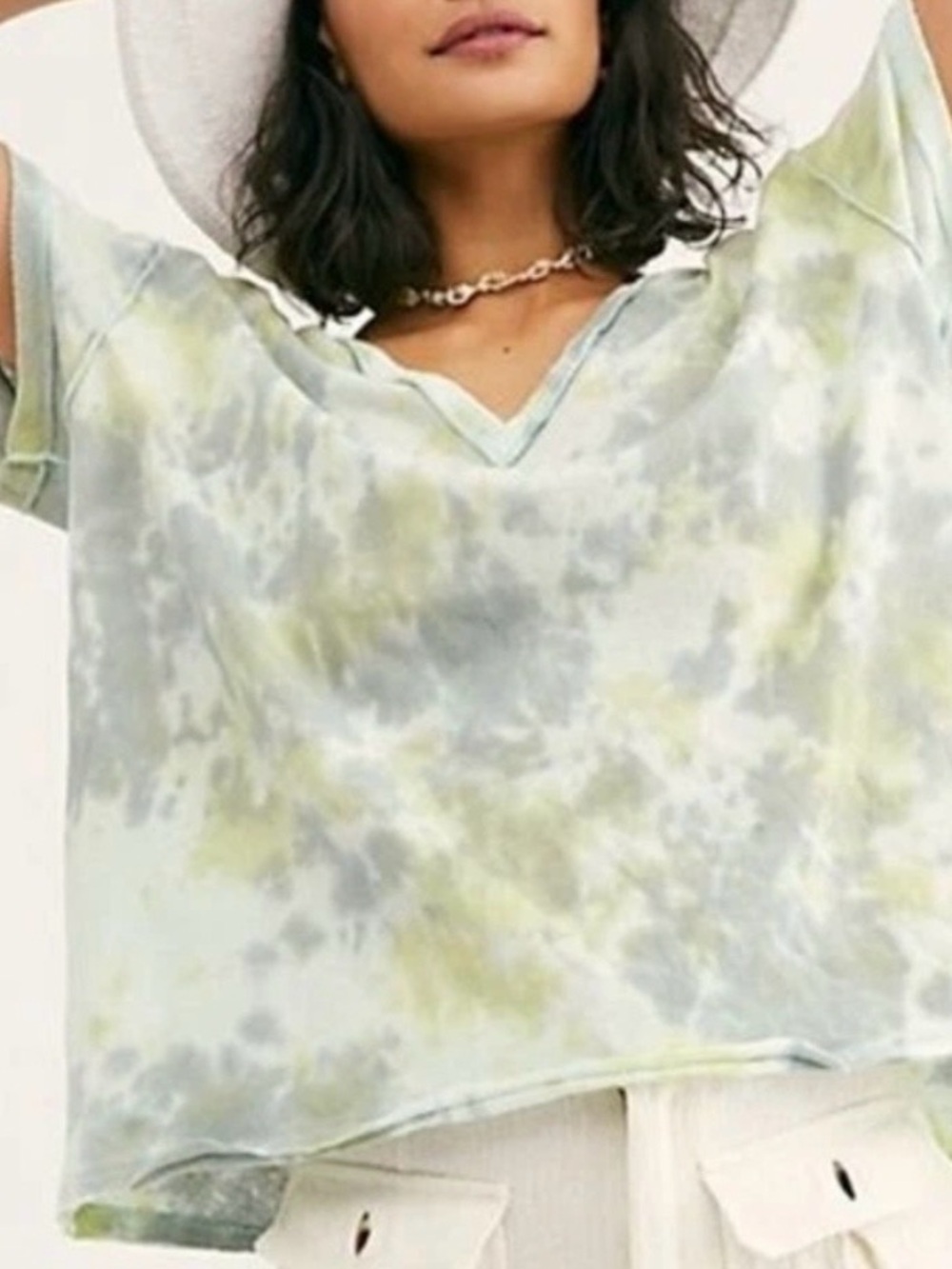 We The Free Light Green and Gray Tie-Dye V-Neck Sweatshirt